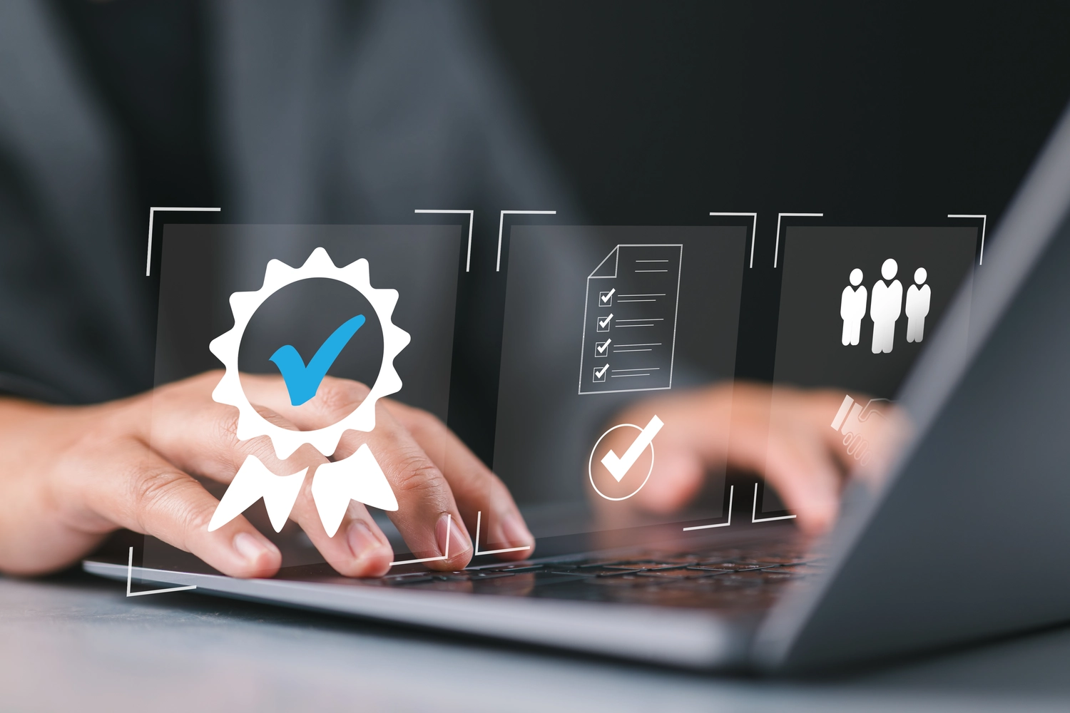 LWT - Lochtenberg Welding Technology - Businessman using laptop with quality assurance and document icon for ISO or International Standard Organization which related quality control and continuous improvement concept